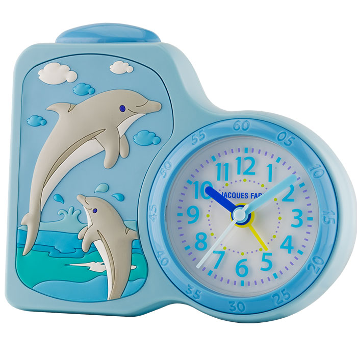 Wecker Delfin, hellblau, Wasser, Wolken,3D-Motiv, kein Ticken durch schleichende Sekunde Snooze LED-Beleuchtung gesichertes Batteriefach Größe: 15x13 cm uvP: 32,95 €